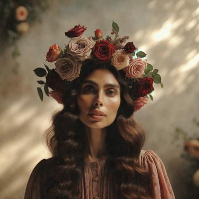The primary subject of the image is a woman with long, curly hair, wearing a crown of flowers. She is the main focus of the image. The setting is a garden, with a backdrop of flowers and greenery. The visual style is a close-up portrait, capturing the woman's beauty and the details of her floral crown. The colors in the image are predominantly shades of pink and red, creating a warm and romantic atmosphere.